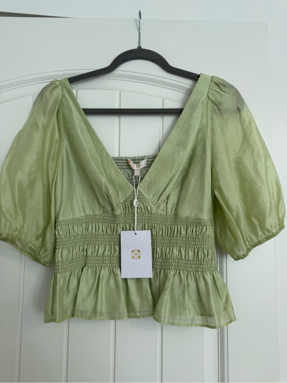 Wayf Light Green V-Neck Puff Sleeve Smocked Peplum Blouse